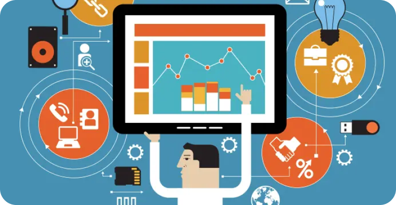 Person showing screen with graph. Tech icons around.